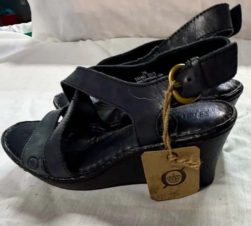 Born Black Leather Idella Strappy Slingback Wedge Sandals